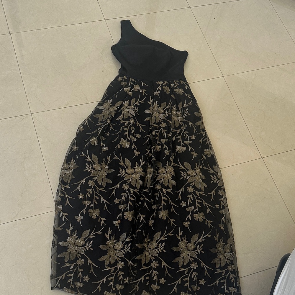 Elegant Black and Gold Floral One-Shoulder Dress